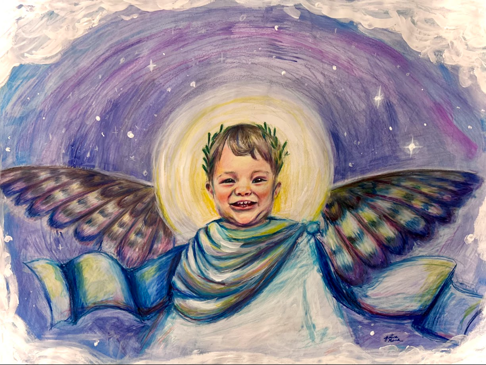A colorful painting of a child with a happy face, surrounded by a radiant halo, with large fairy wings, and vibrant robes, set against a cosmic background with stars and swirling colors.