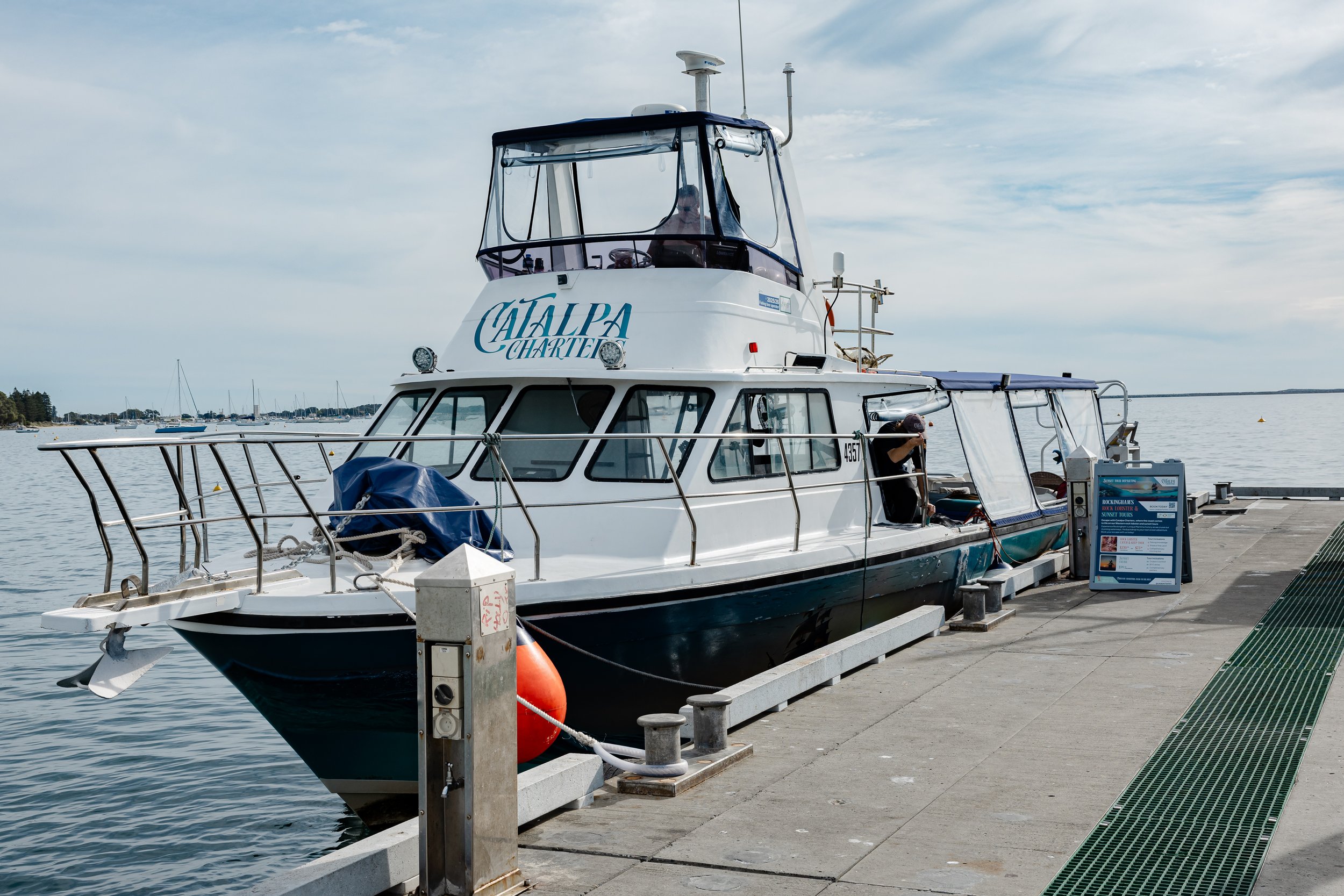 A white boat named Catalina Charter is docked at a marina. The boat has a dark blue stripe and is equipped with antennas and navigation equipment. The dock has safety cones and a sign with tour information, and the background shows calm water and a cloudy sky.