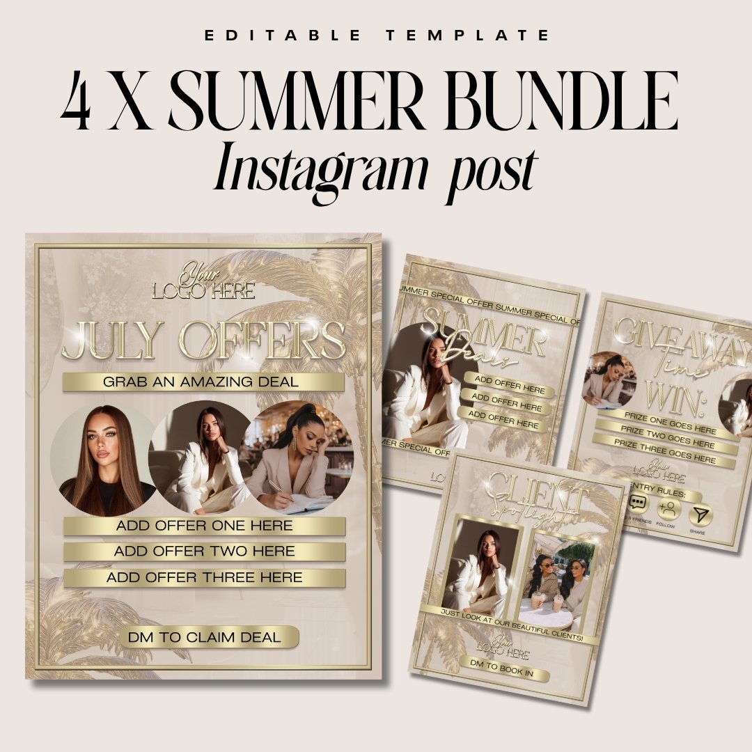 4 x Summer Instagram Posts, For beauty business owner, offers & summer promo | Instant download