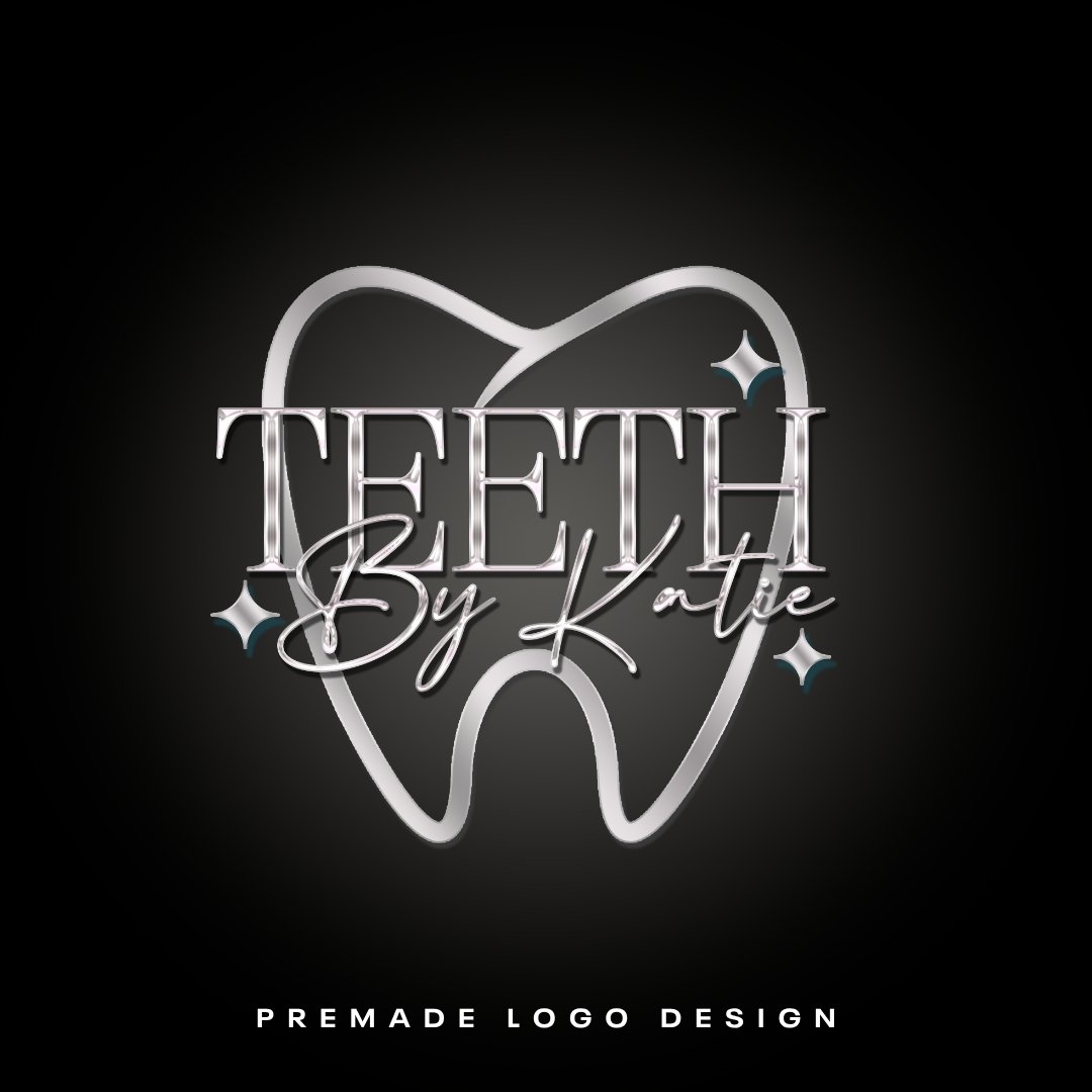 Premade Logo, 'Shine Tooth' Outline with Silver, Metallic Dental Design Black | Any Name Added