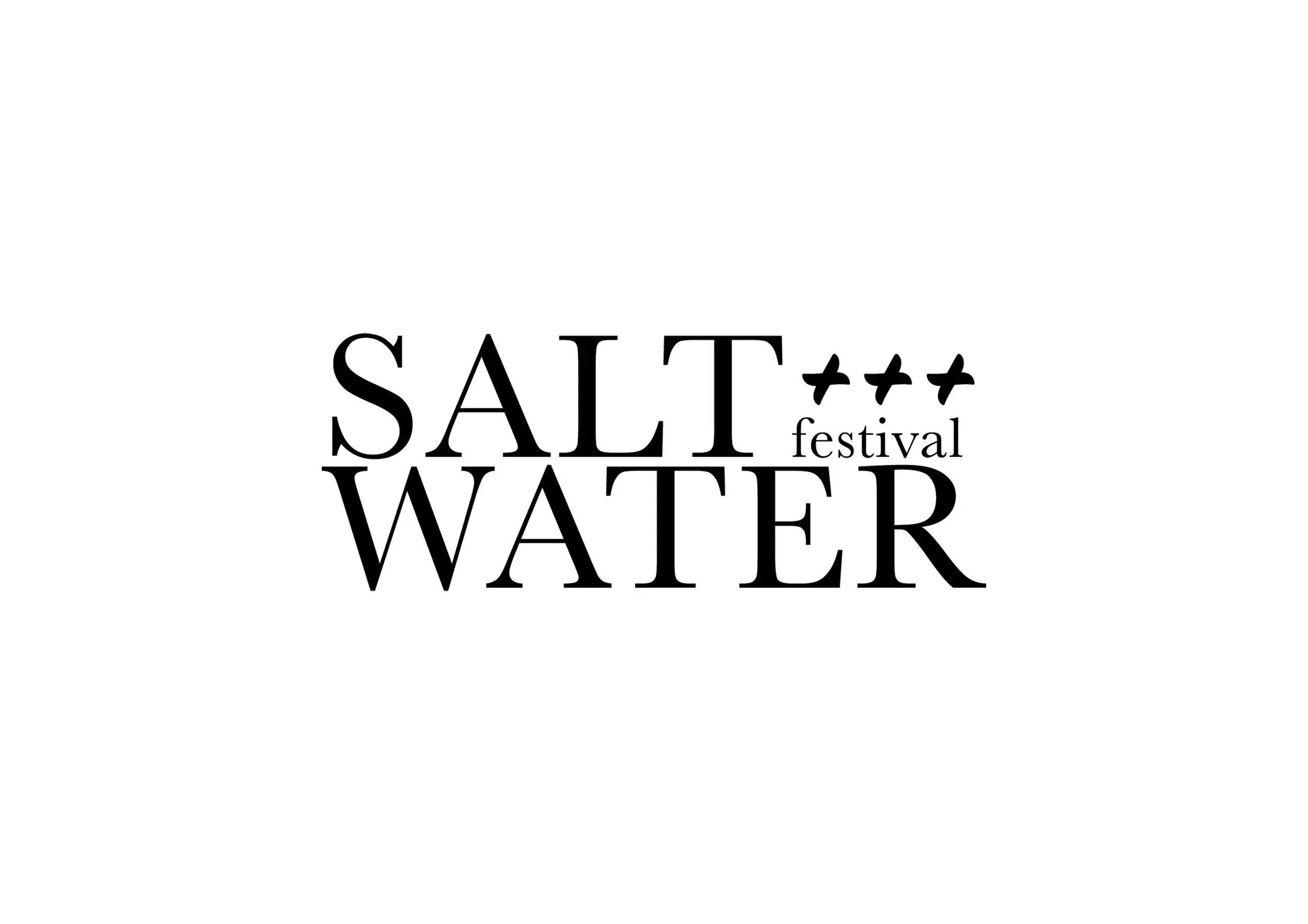Black and white text logo for Salt Water festival with the words 'Salt Water' in large font and 'festival' in smaller font, with three plus signs above 'festival'.