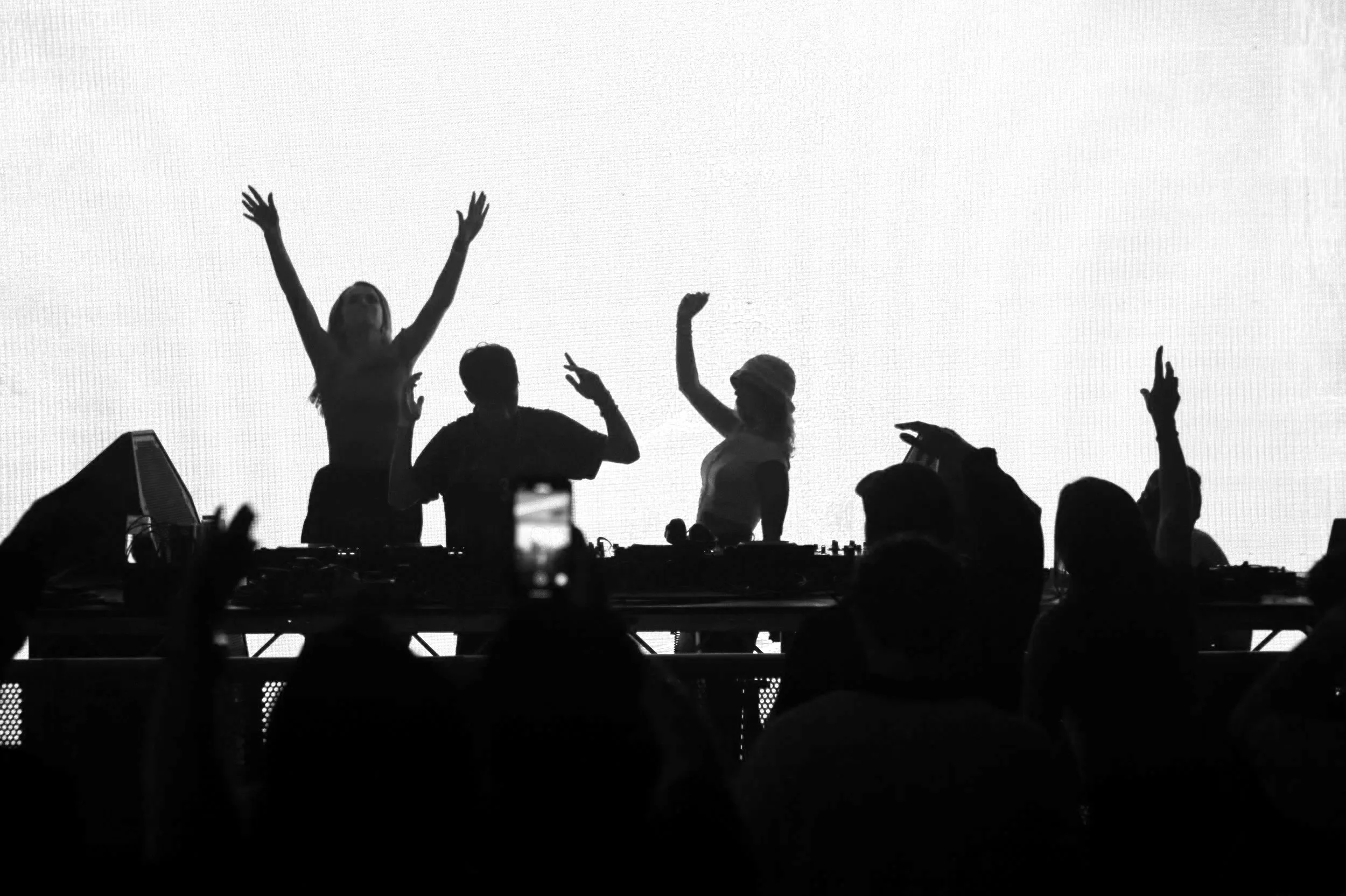Silhouettes of female DJs and a crowd at a music event, some with hands raised, with a bright background.