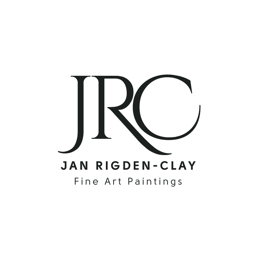 A black and white logo for Jan Rigden-Clay Fine Art Paintings, featuring large stylized initials 'JRC' with the artist's name and profession below.