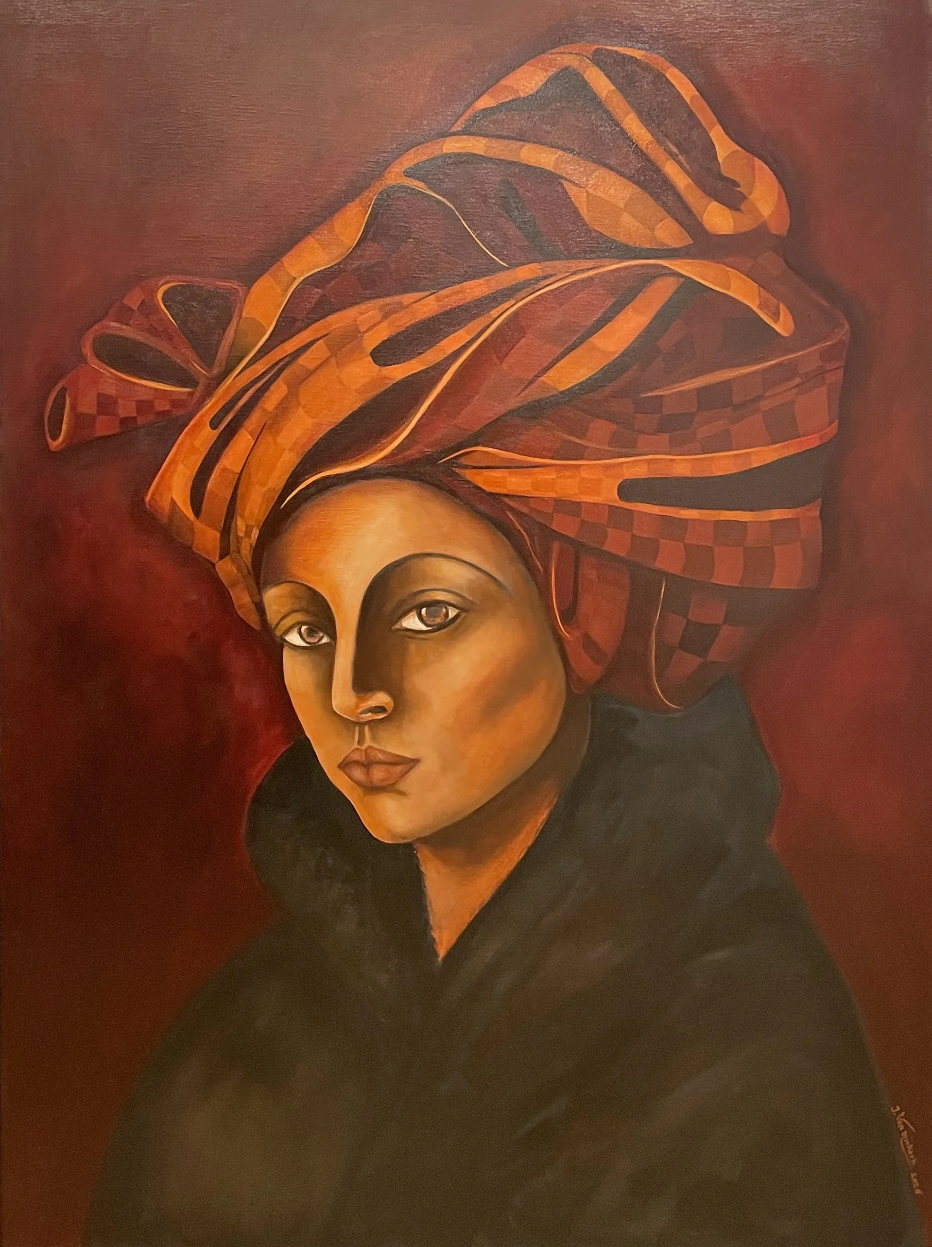 Contemporary geometric figurative oil portrait by Iwona Van Niekerk, inspired by Western Australia's red earth and the portrait tradition of Jan van Eyck.