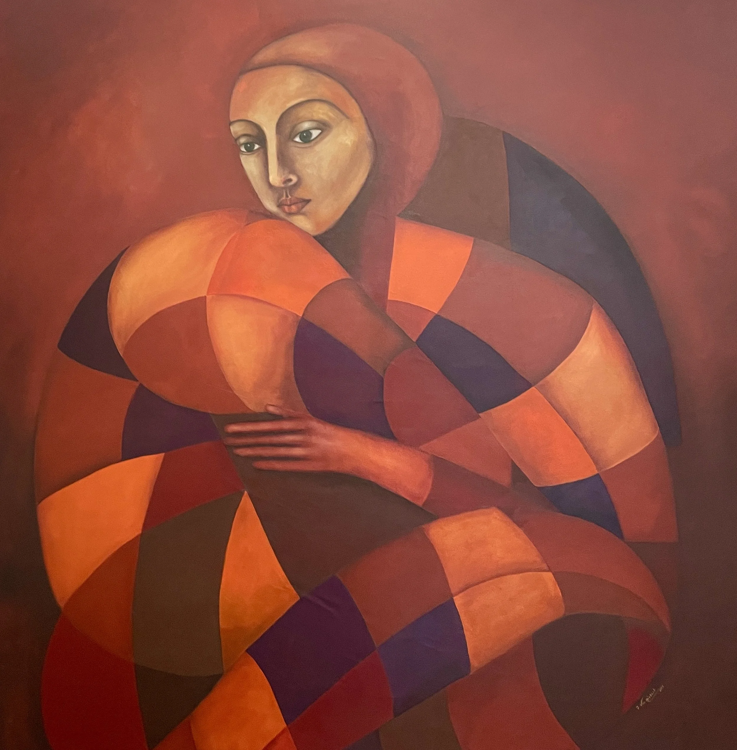 What We Carry (2026), 200 x 200cm, contemporary geometric figurative oil painting by Iwona Van Niekerk exploring memory and belonging.