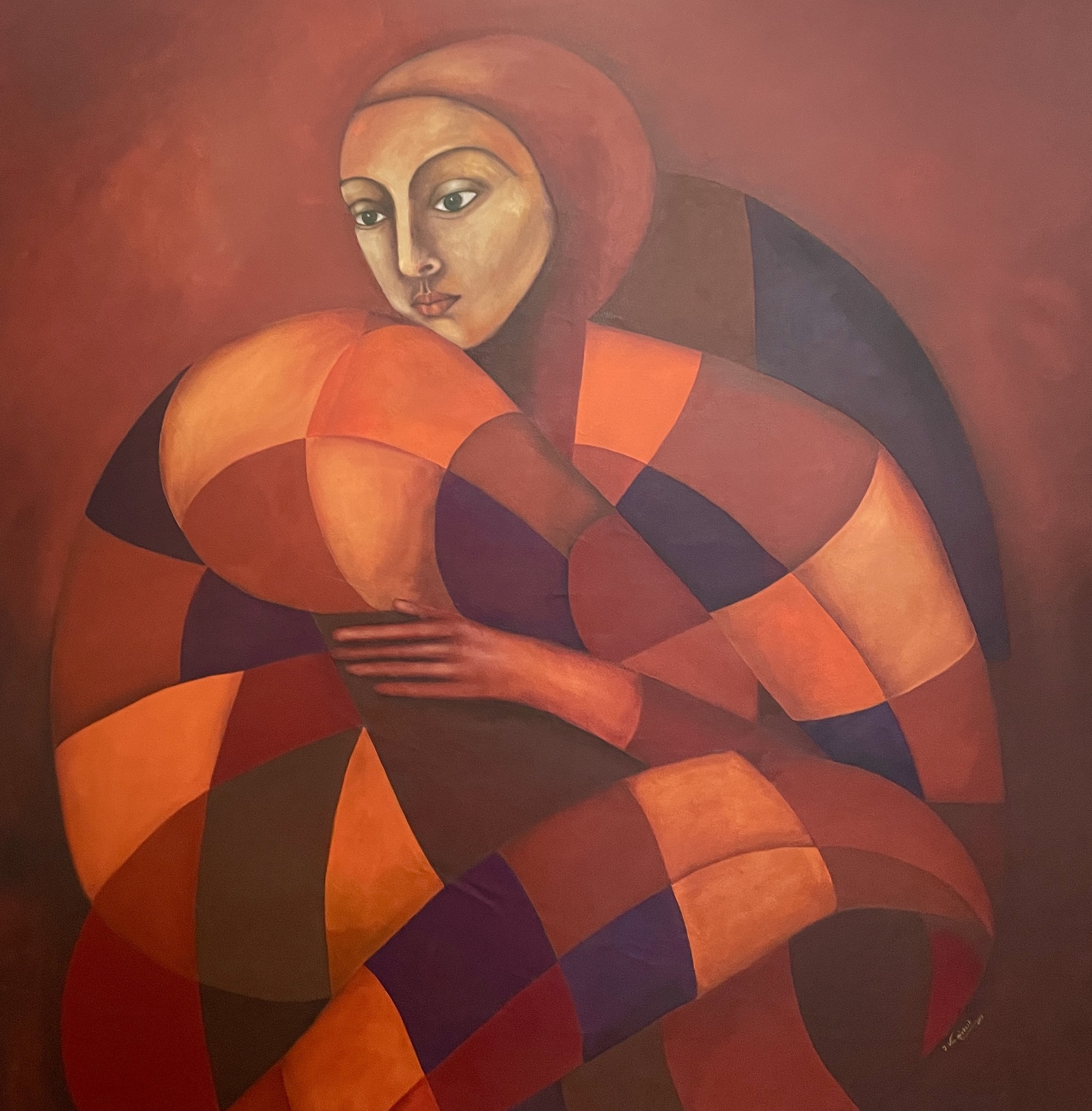 Detail of a geometric figurative oil painting by Iwona Van Niekerk showing layered abstract forms inspired by Western Australia's landscape.
