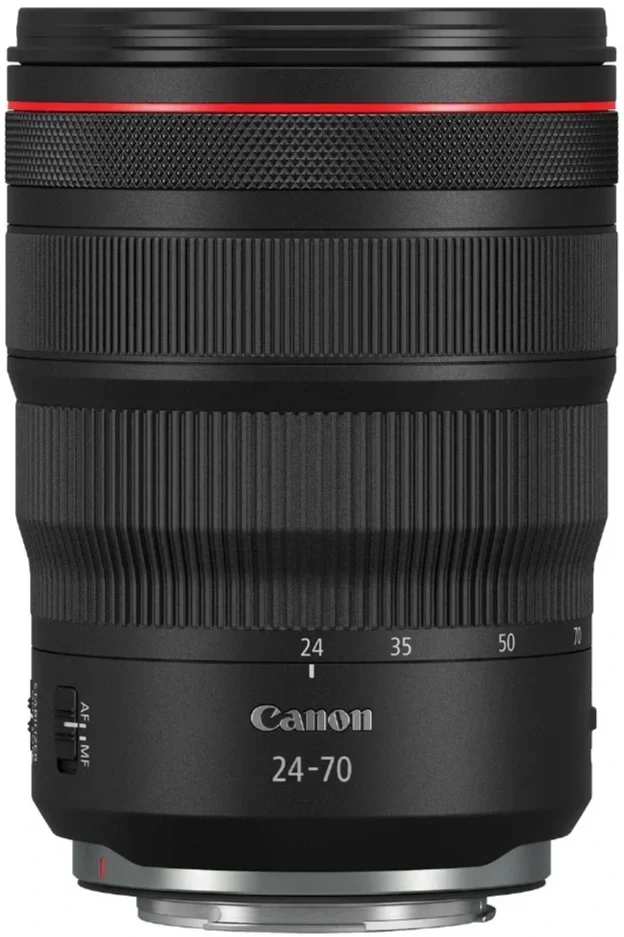 A Canon 24-70mm zoom camera lens with textured grip rings and focus distance markers, featuring a red accent line near the top.