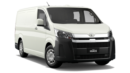 White Toyota HiAce van, front-side view.