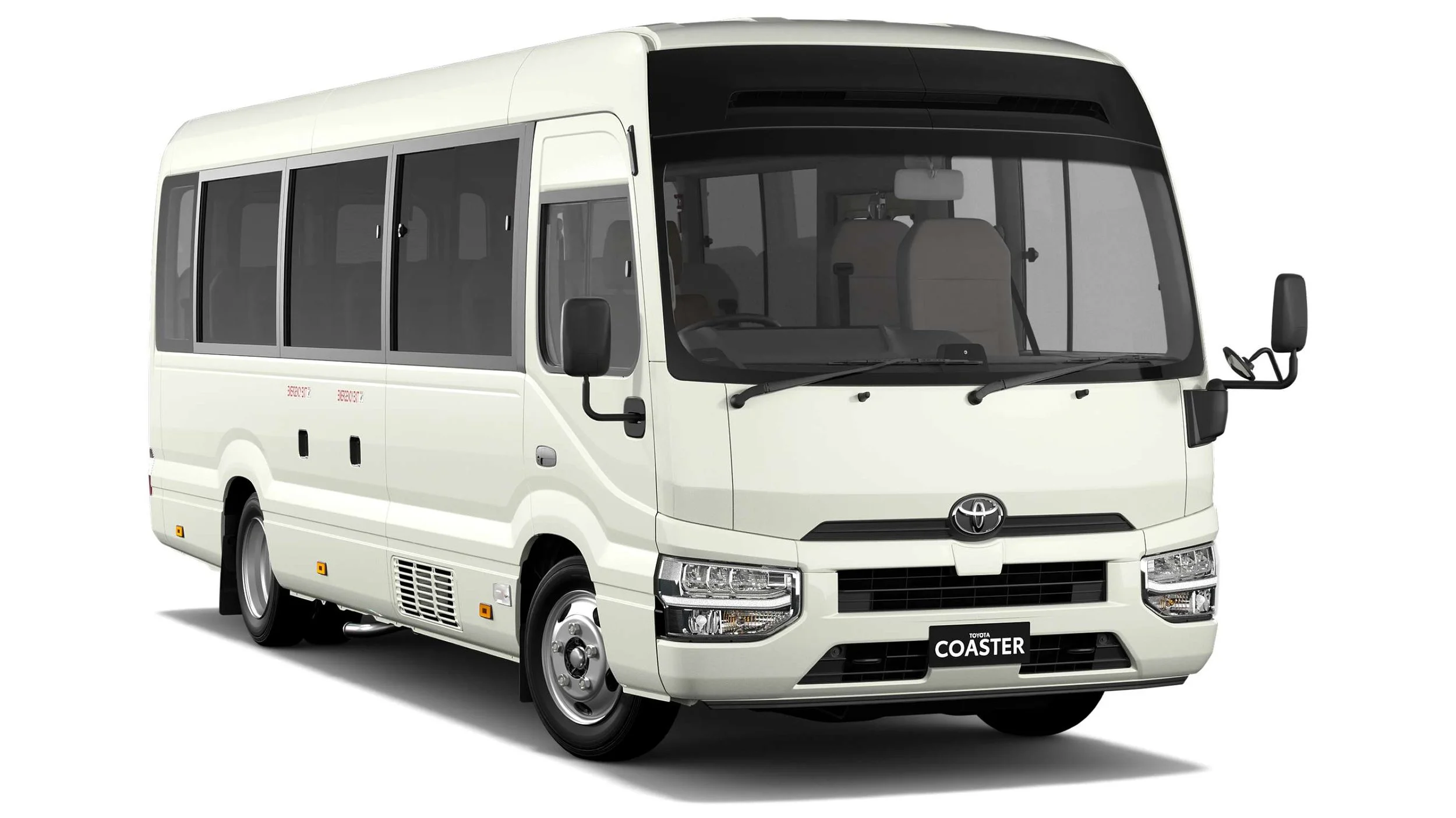 White Toyota Coaster minibus on white background
