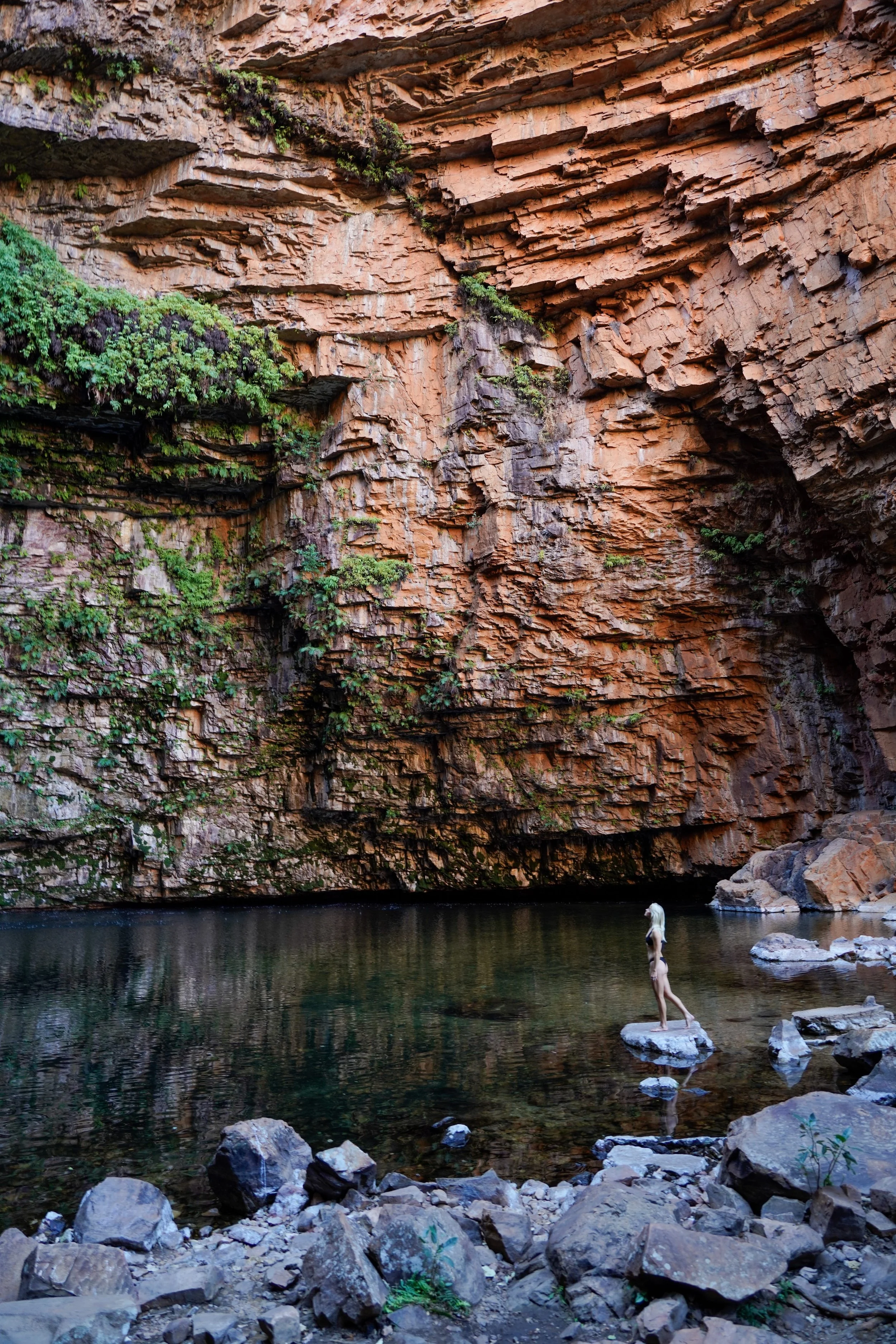 Woman standing on rock in canyon pool, surrounded by rocky cliffs and greenery.