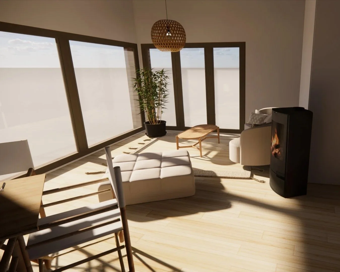 Salon lumineux avec grande fenêtre, canapé blanc, table basse en bois, cheminée électrique, plante verte, chandelier en rotin, tapis beige, fauteuil blanc avec coussin et chaise en bois dans un intérieur moderne.