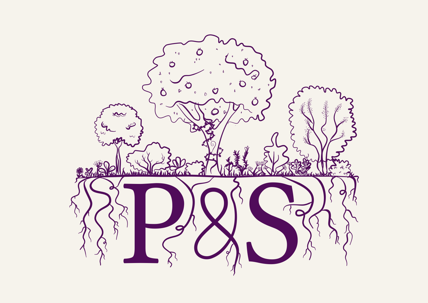 Line drawing of various trees and plants with roots visible below ground, and the letters P & S in the center.
