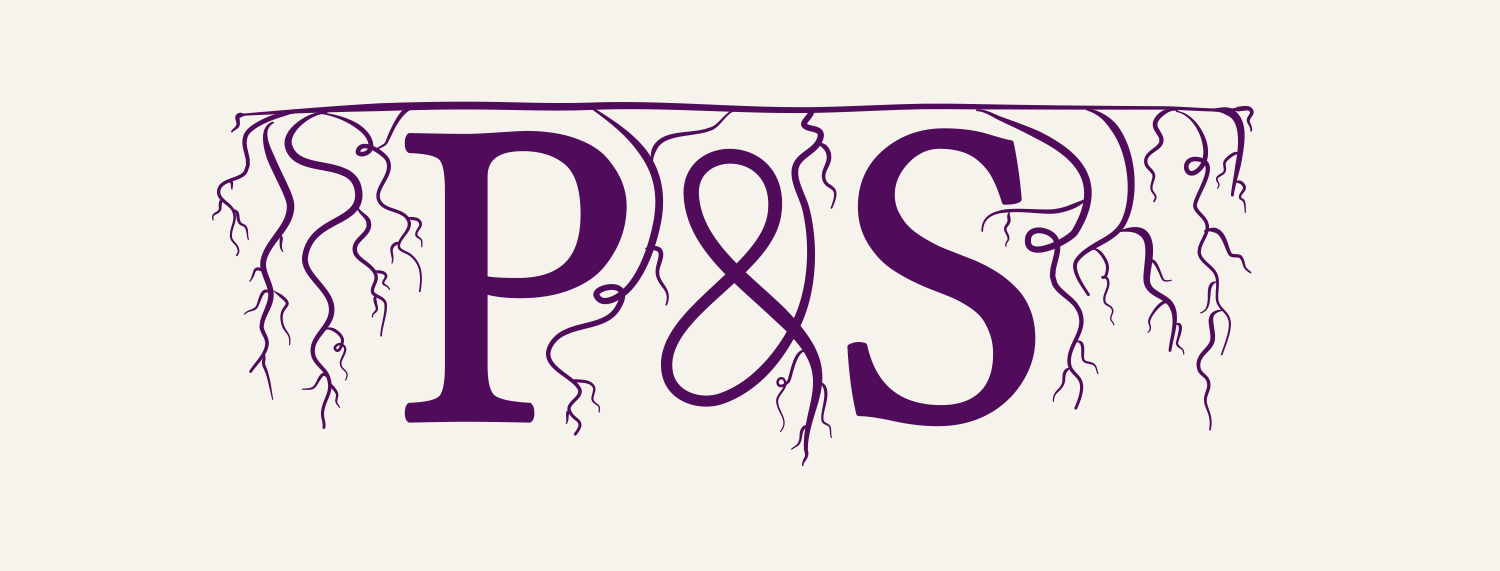 Purple text that reads 'P&S' with roots extending from the top of the letters.