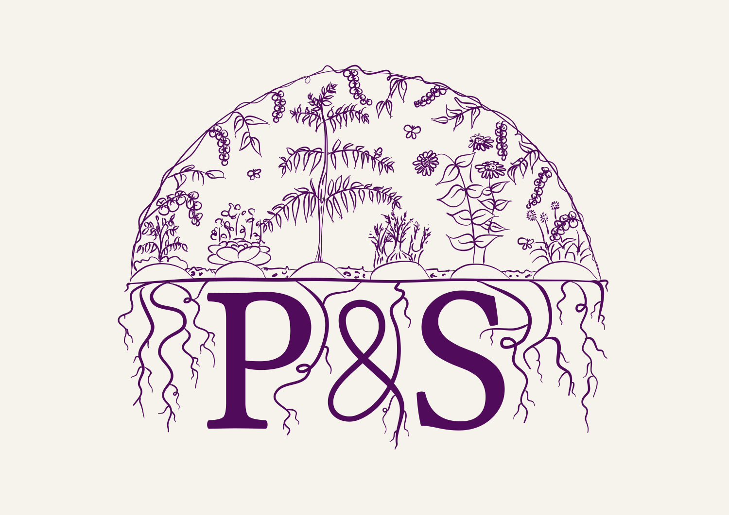 A blue outline illustration of a garden with various plants, flowers, and trees beneath a semicircular frame, with large purple text "P&S" in the center.