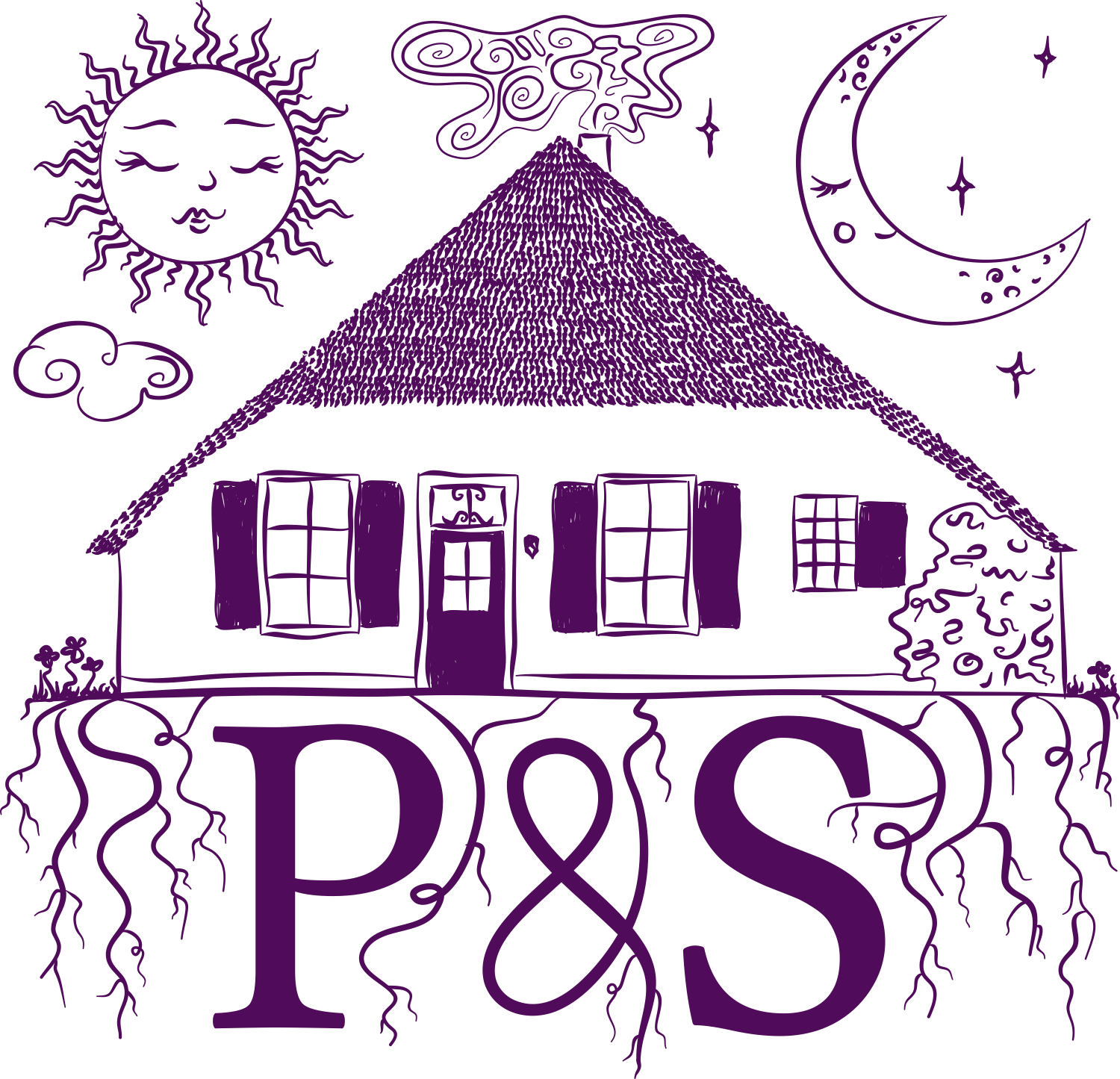 A purple line drawing of a house with a triangular roof, surrounded by sun, moon, and stars, with the large text 'P&S' beneath the house.