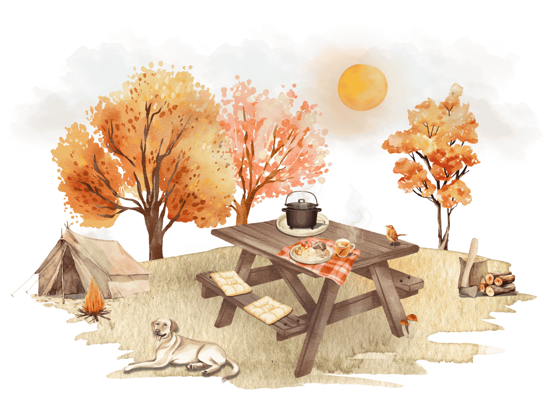 Eine malerische Camping-Szene im Herbst mit einem Lagerfeuer, Zelt, Holzhaufen, einem Picknicktisch mit Essen, einem Hund, Bäumen mit orangefarbenen Blättern, einem Mond und Wolken am Himmel