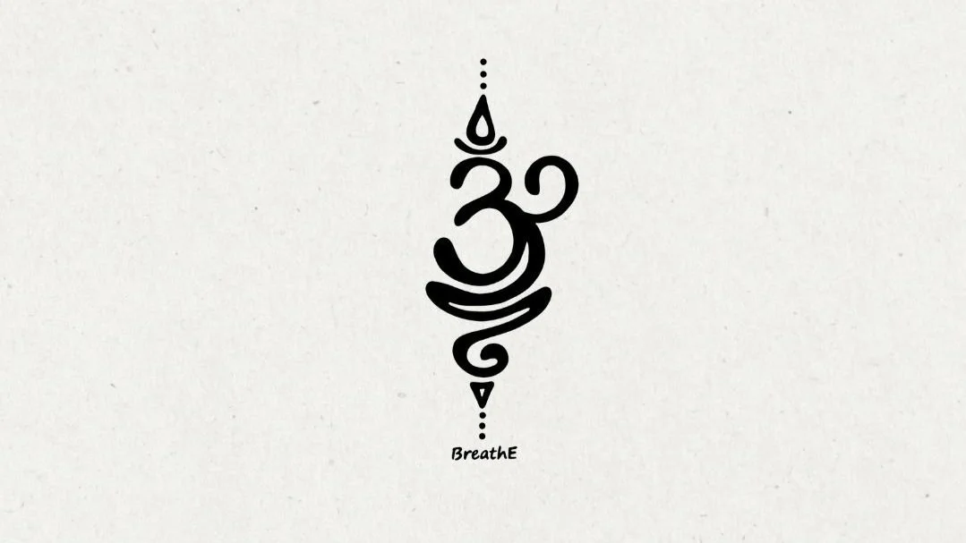Stylized Om symbol with the word 'Breathe' below on a white background.