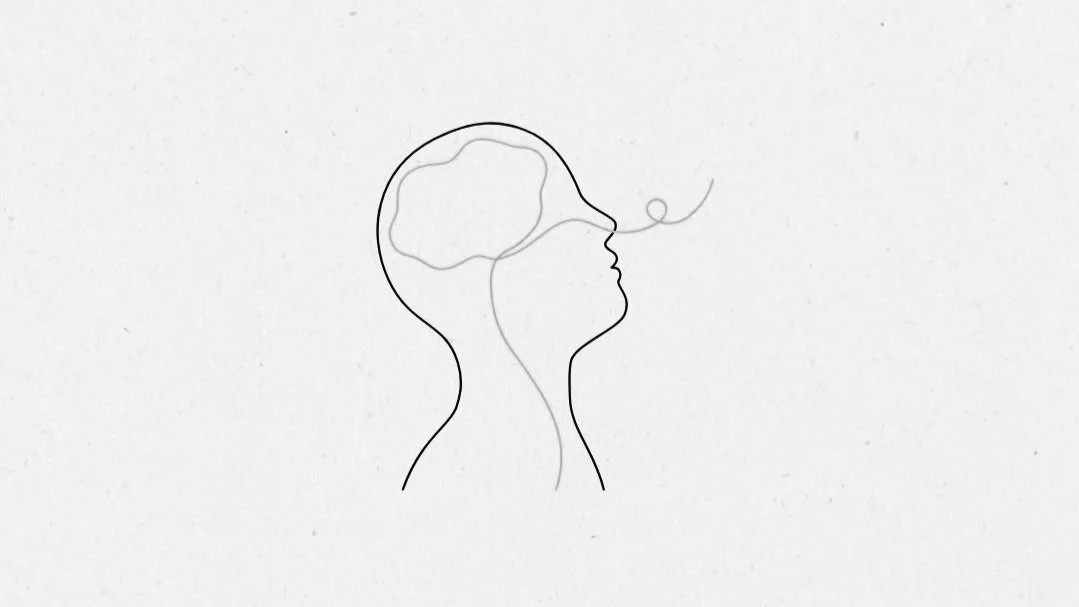 Minimalist outline of a person's head in profile with a brain and swirling lines suggesting breath or thought, on a white background.