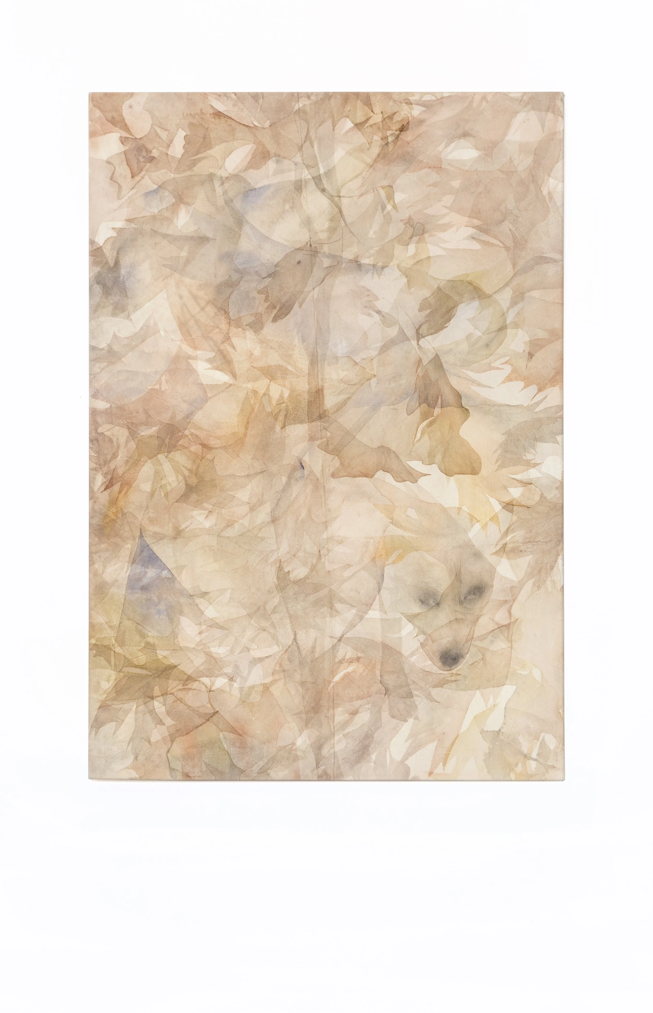 Watercolor painting of autumn leaves with a hidden dog peeking through.