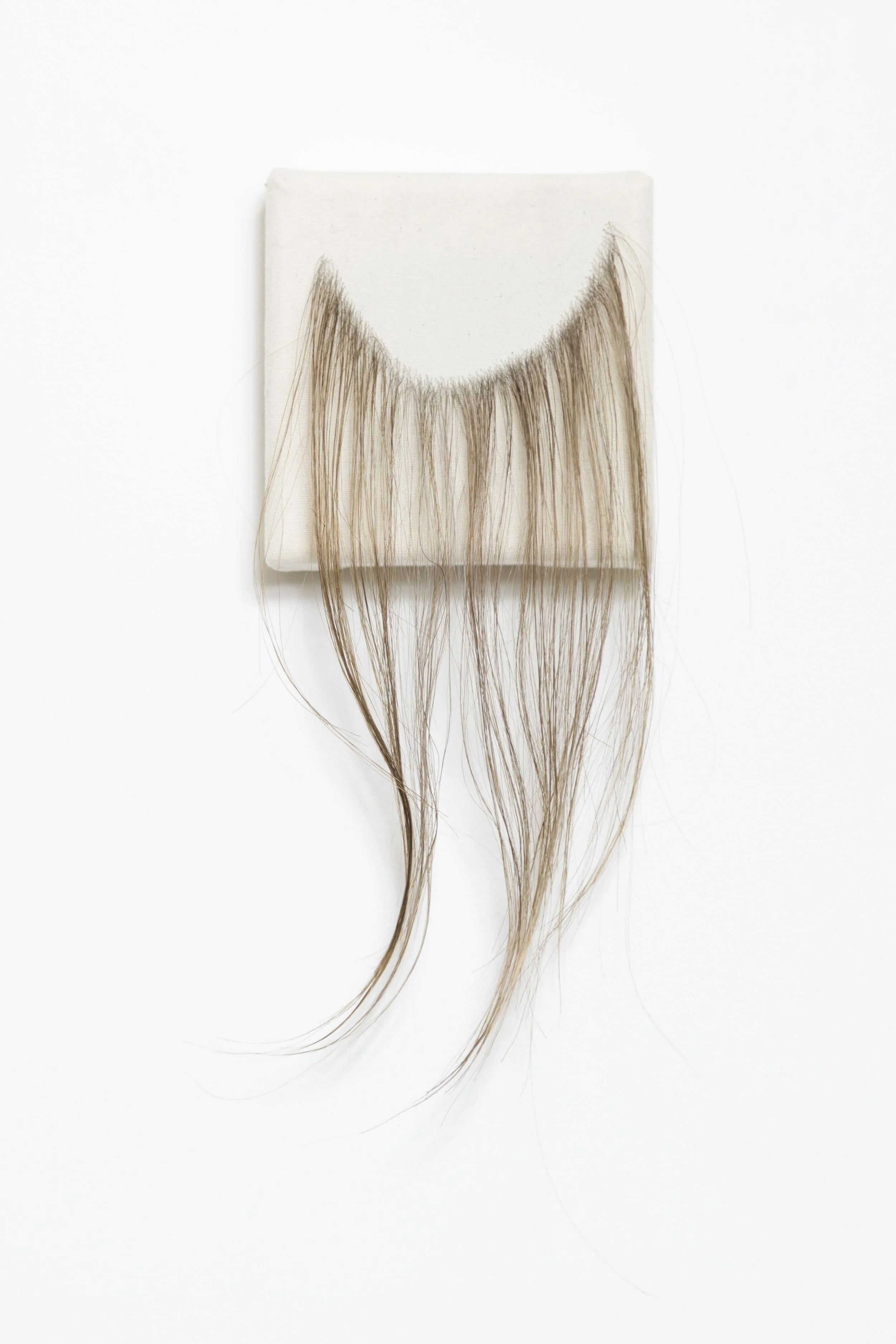A hair extension piece with blonde strands attached to a white canvas, displayed against a white background.