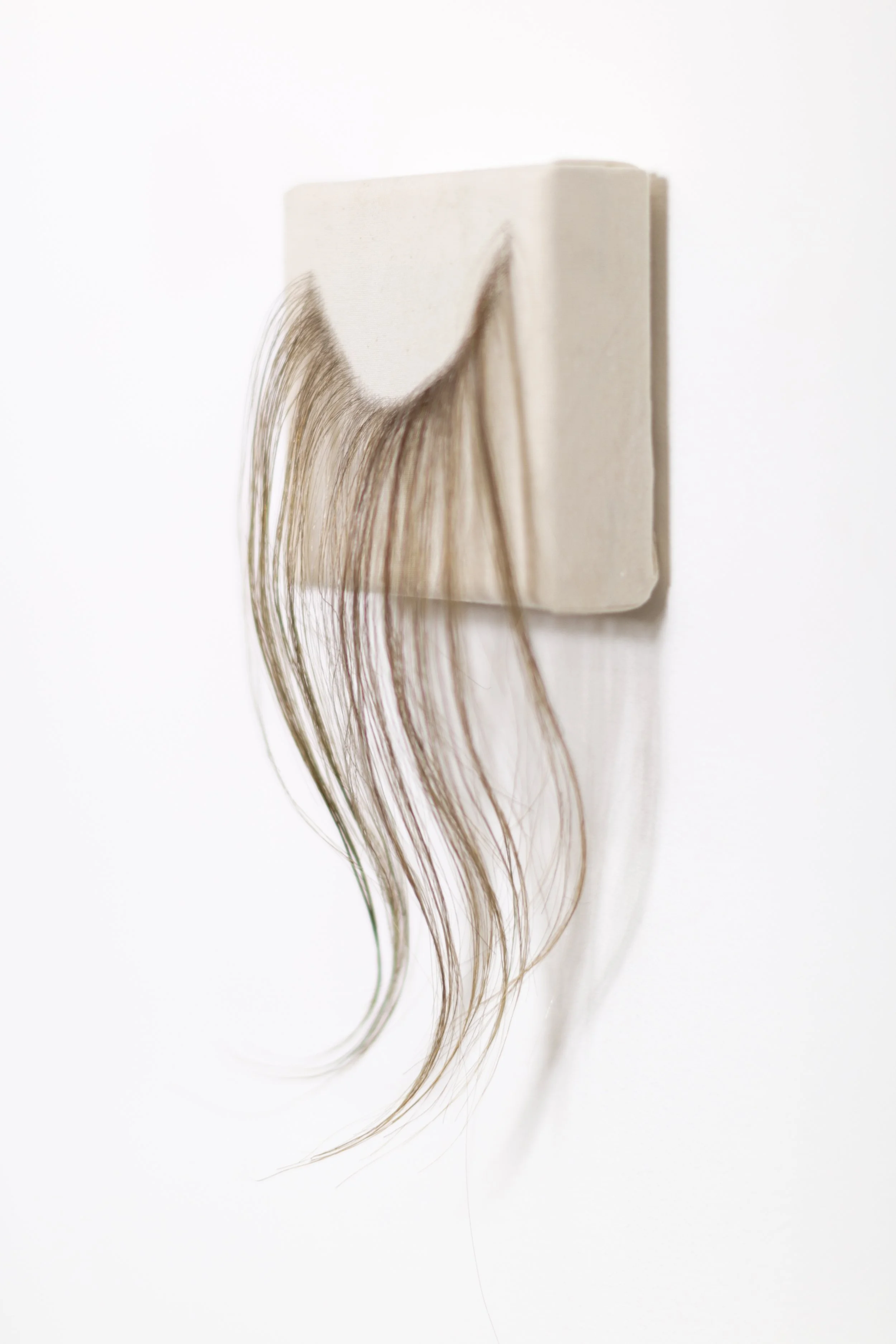 A raw canvas with a sculpture of long, flowing, light brown hair hanging down from it, mounted on a white wall.