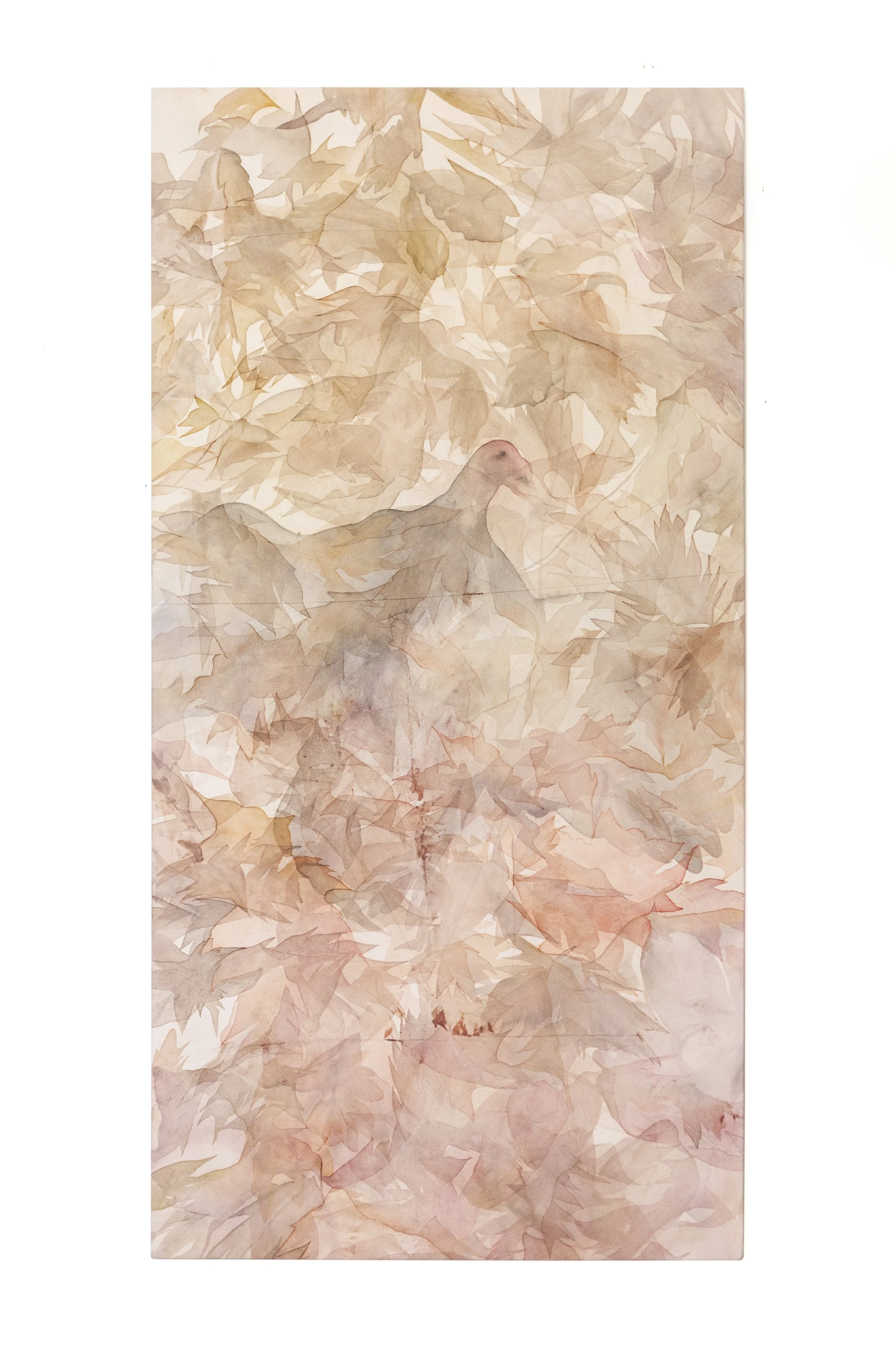 A watercolor painting of a vulture surrounded by autumn leaves in shades of beige, orange, and pink.