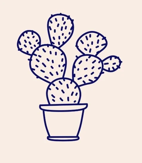 Line drawing of a potted cactus plant with multiple oval pads covered in short lines representing spines.