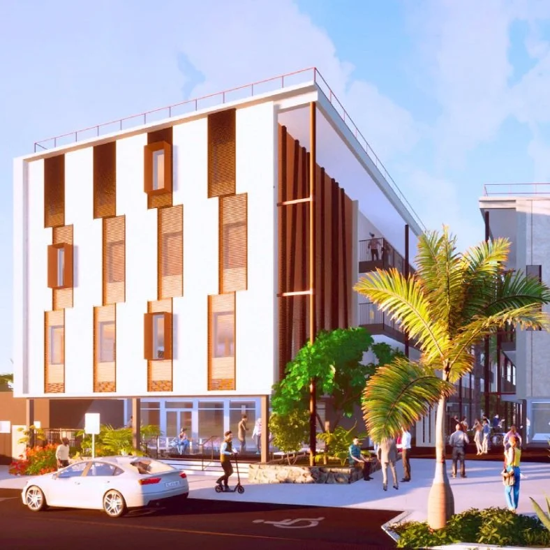 Une illustration d'un immeuble moderne avec des fenêtres et des panneaux en bois, entouré d'arbres, avec des gens et une voiture dans la rue.