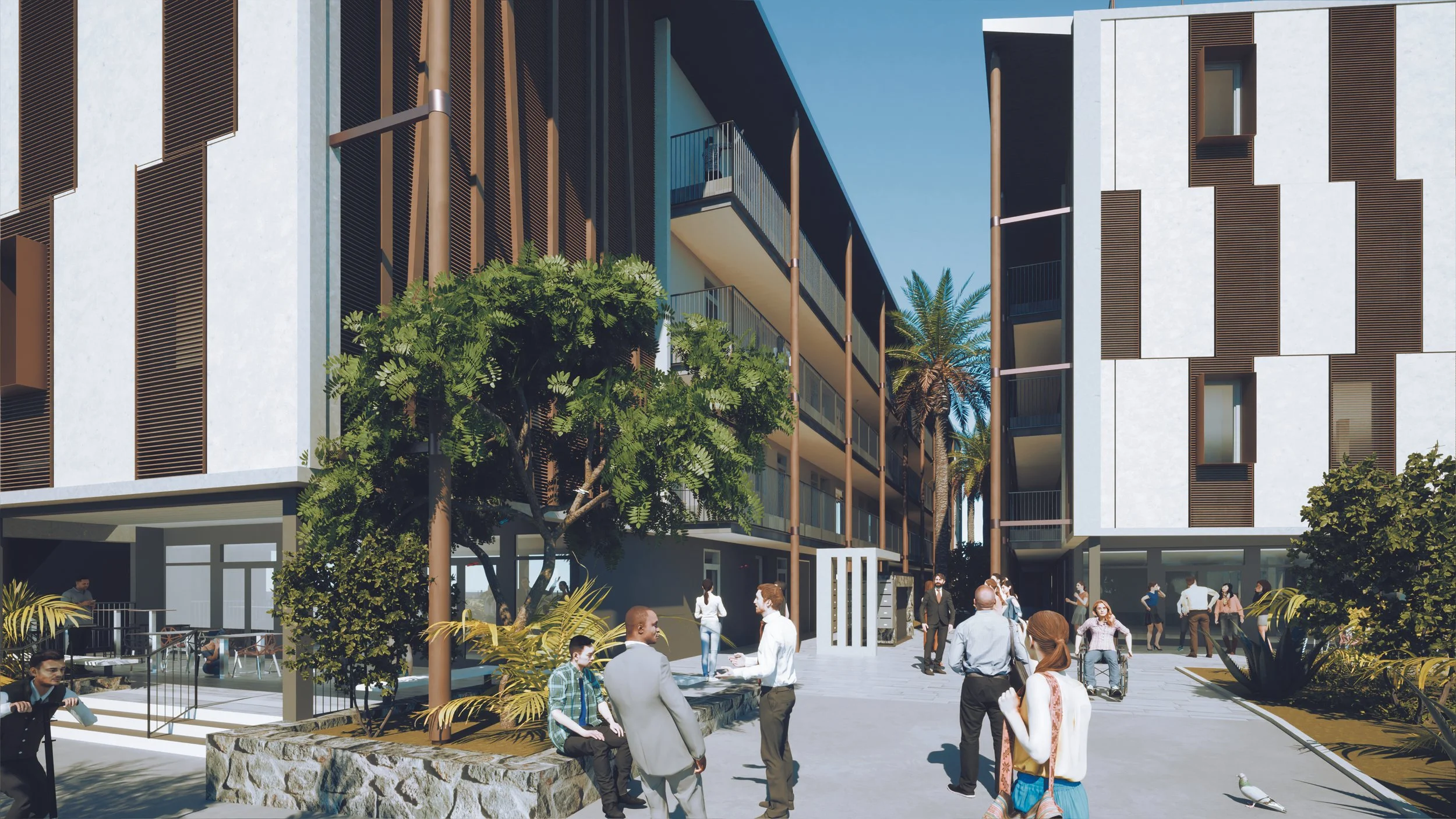 Vue d'une cour intérieure moderne avec des bâtiments à façades blanches, des arbres et des personnes discutant, marchant ou assises.