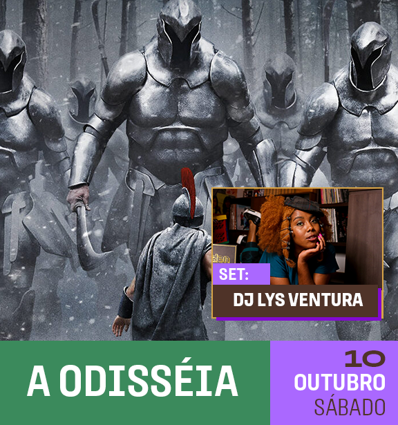 Imagem de figuras vestidas com armaduras negras de estilo medieval em uma floresta sombria, com uma criança de chapéu de guerreiro na frente, e um quadro menor na esquina com uma mulher com cabelo encaracolado laranja, segurando um microfone, ao lado de textos sobre um evento de DJ LYS VENTURA no dia 10 de outubro, sábado.