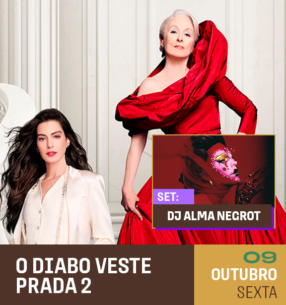 Duas mulheres posando com roupas elegantes, uma vestindo um vestido branco e a outra um vestido vermelho com um grande laço, ao fundo uma parede branca com detalhes clássicos, anúncio promocional de um evento musical com DJ Alma Negrot em 09 de outubro, sexta-feira.