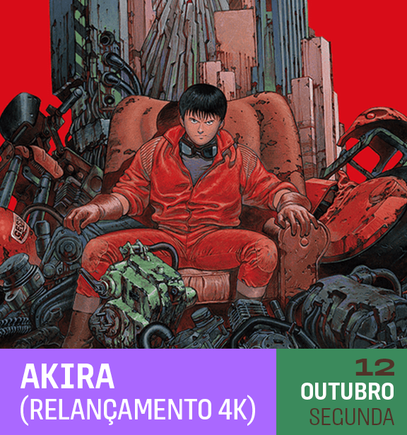 Ilustração de Akira, personagem de anime, sentado em uma poltrona rodeado por máquinas e tecnologia futurista, com fundo de edifícios altos em um cenário de ficção científica.