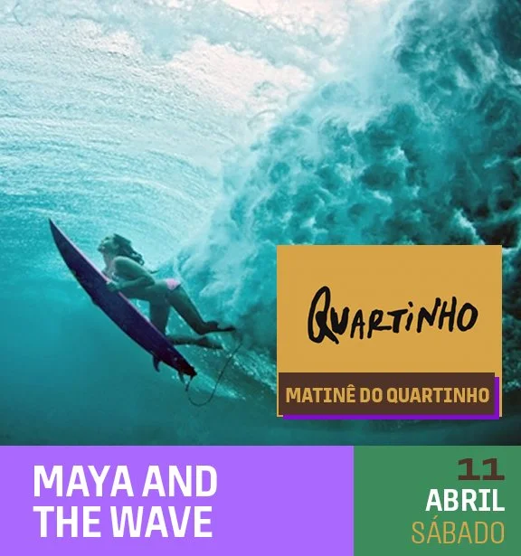 Surfer intocado montando uma onda no oceano, com texto em destaque sobre o evento que ocorre em 11 de abril, sábado.