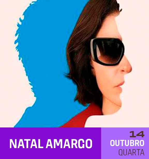 Poster de uma mulher com óculos escuros, destacando seu rosto na frente de um fundo azul, com detalhes em vermelho e branco, promovendo o evento 'Natal Amargo' em 14 de outubro, quarta-feira.