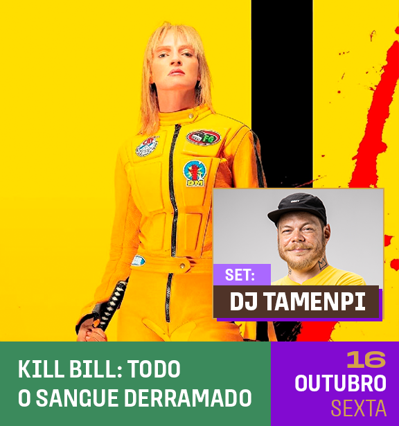 Imagem de uma mulher vestida com macacão amarelo com patches, segurando uma katana, Fundo amarelo com detalhes em preto e vermelho, e uma menor imagem de um homem usando boné e camiseta amarela, com texto promocional para evento de música em 16 de outubro.