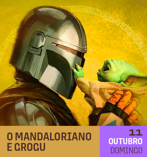 Imagem de Baby Yoda (Grogu) tocando o capacete de Mando, com fundo amarelo.