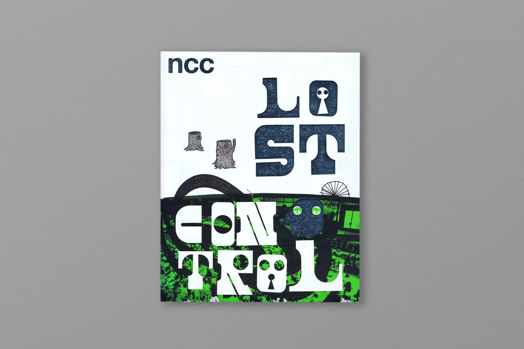 Abstract art with the text 'ncc LOST CONTROL' featuring tree stumps, keyhole motifs, and urban imagery in dark blue and green.
