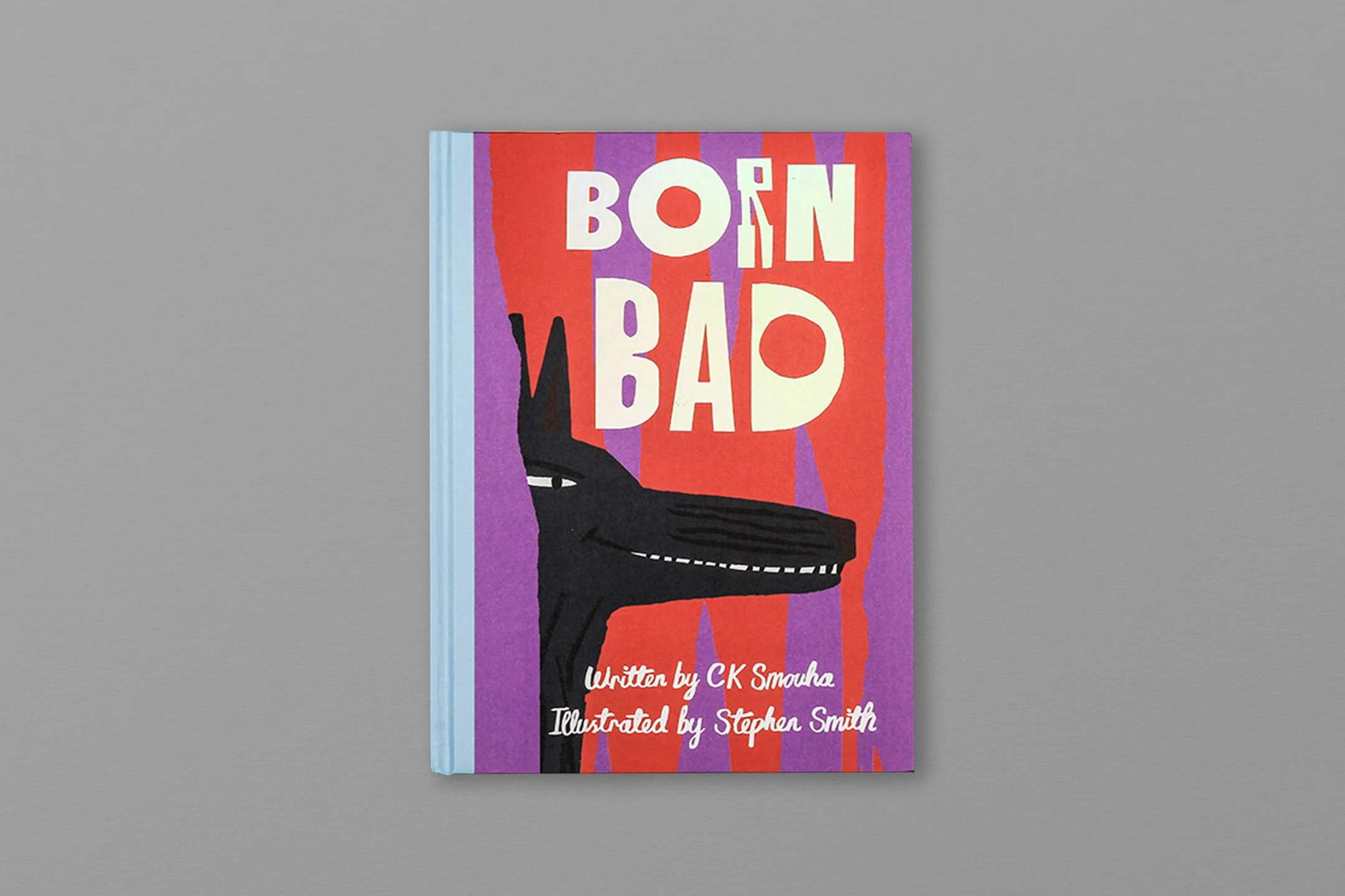 Book cover of 'Born Bad' featuring a stylized black dog illustration on a purple and red striped background, written by CK Smouha and illustrated by Stephen Smith.