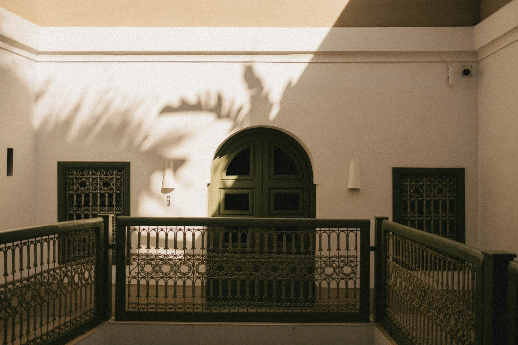 Vue d'une cour intérieure avec une porte verte en arched, des fenêtres avec des grilles en fer forgé, et une ombre de plante sur le mur blanc, éclairée par la lumière du soleil.