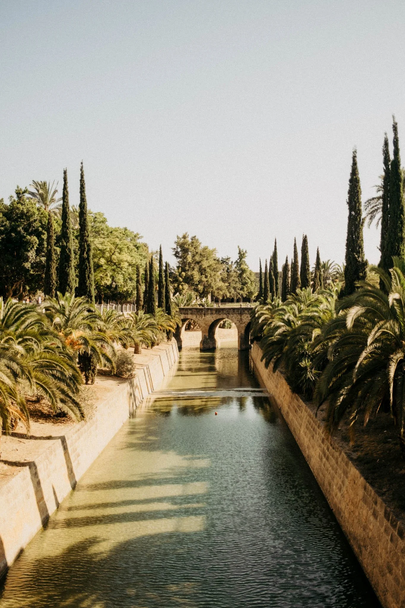 Un canal bordé de palmiers et de cyprès, avec un pont en pierre en arrière-plan, sous un ciel clair.