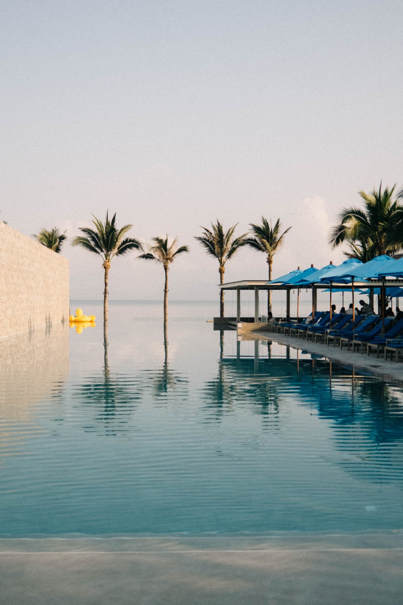 Piscine à débordement avec des palmiers et des parasols bleus, vue sur la mer, au coucher du soleil