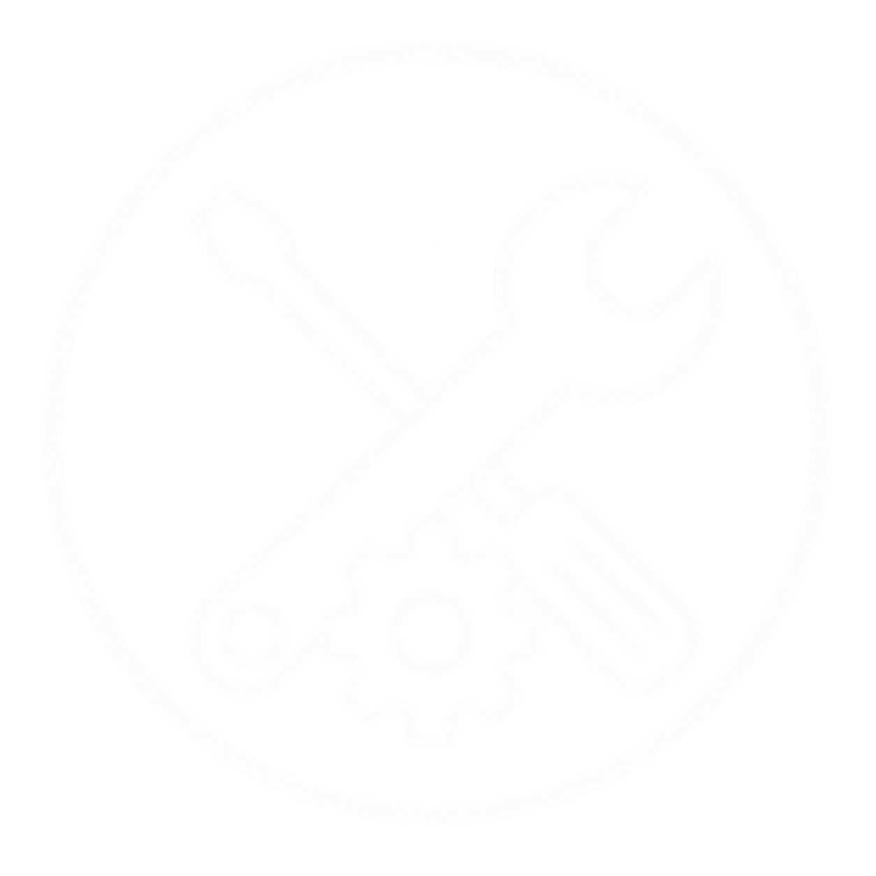 A circular graphic with engineering tools, including a wrench, a gear, and a ruler, representing engineering or technical work.
