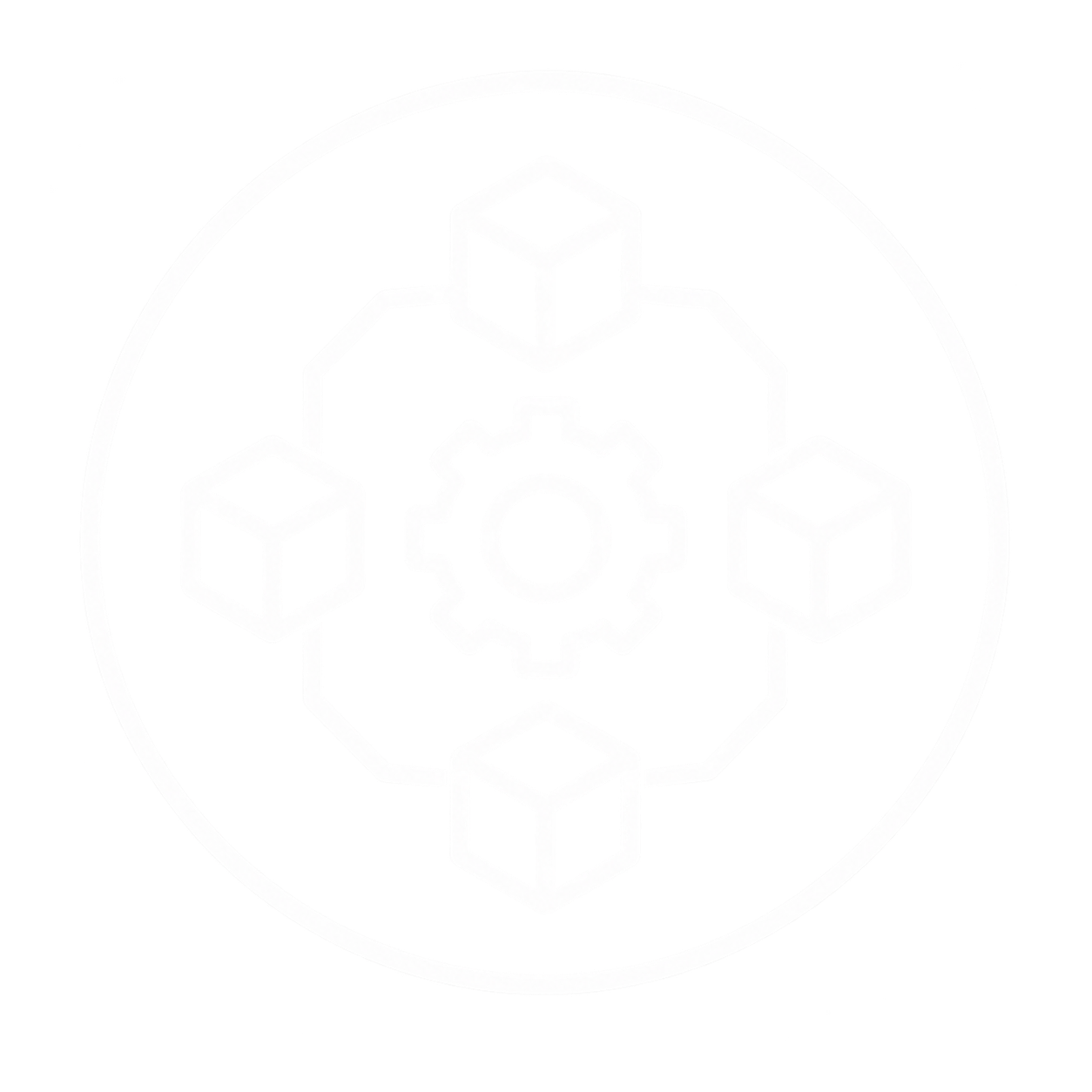 Black and white digital illustration of a circular gear with three cubic shapes connected around its perimeter, set against a textured background.