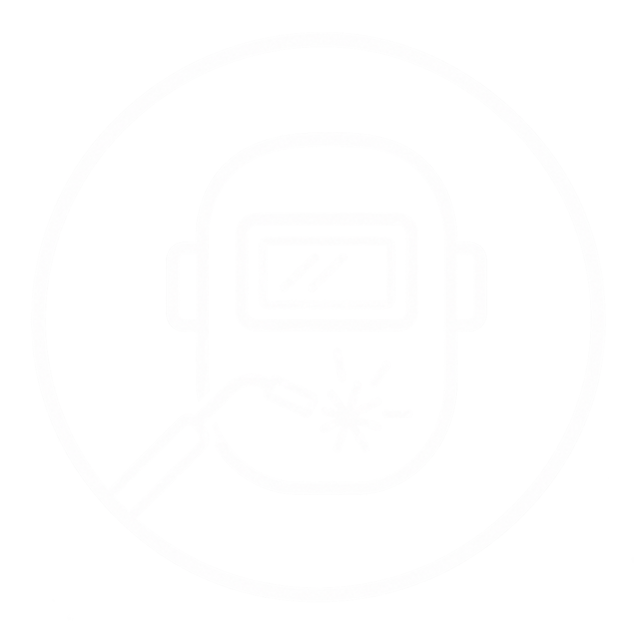 A magnifying glass over a round badge or sticker featuring a stylized face with goggles and a star-like symbol below it.