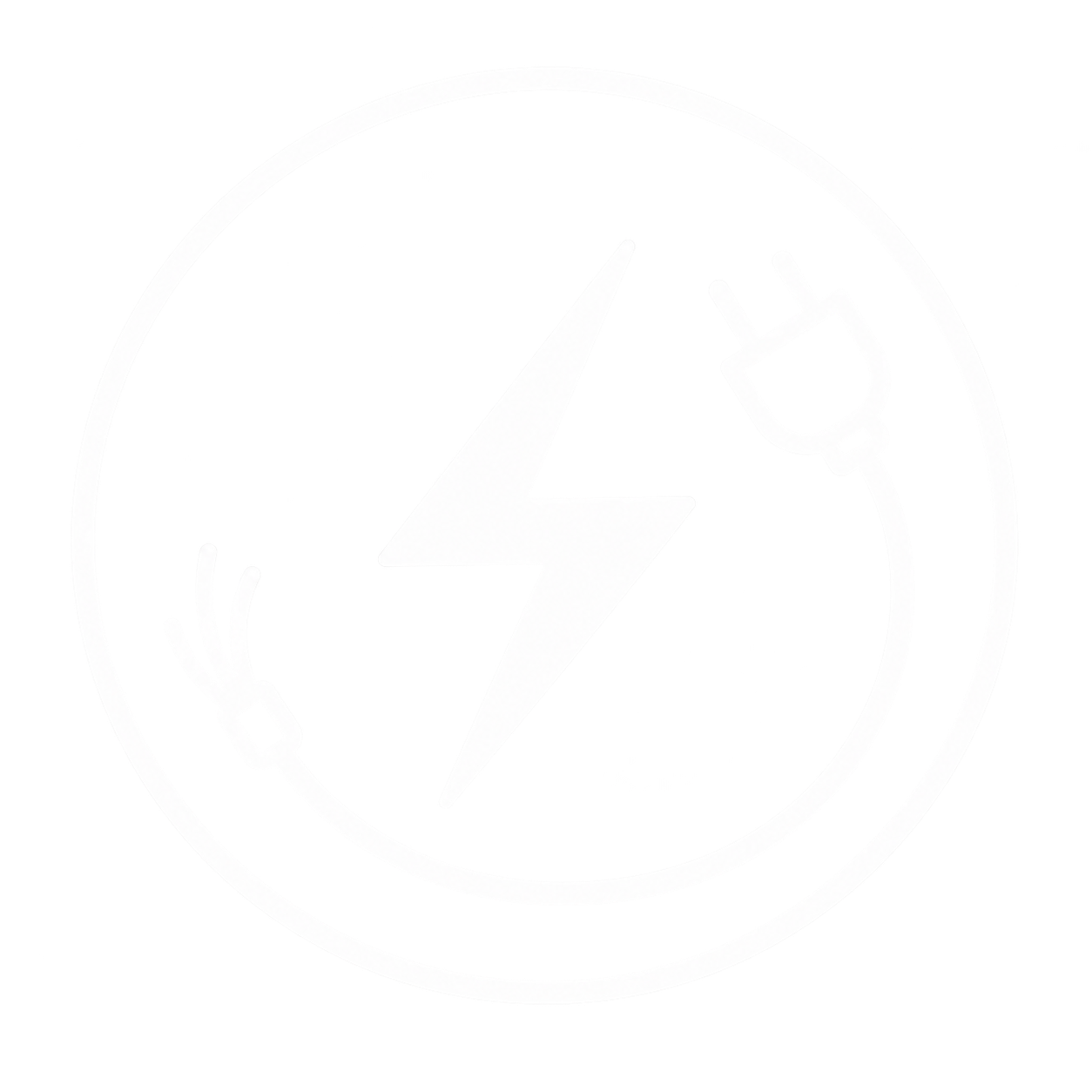 Black and white logo with a lightning bolt in the center, encircled by a gear, with a plug and a power button integrated into the design, and the partial text 'TECH' at the bottom.