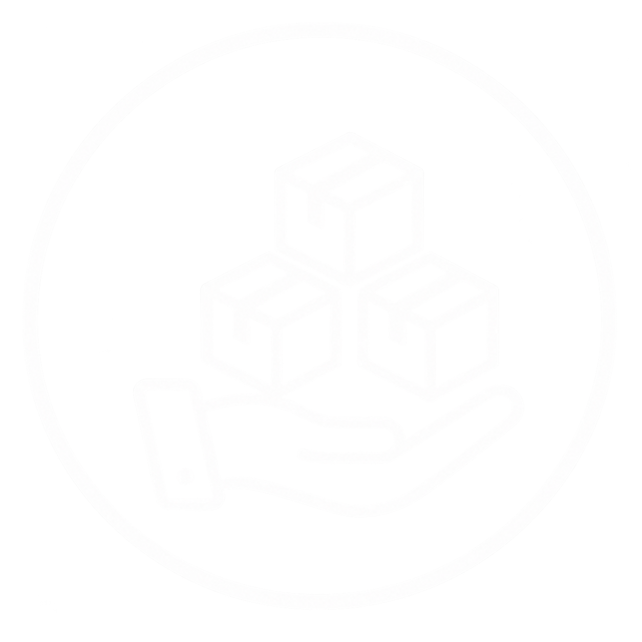 A logo with three cubes arranged in a pyramid shape, with a winding path and a small circle at the bottom left, enclosed in a circle border.