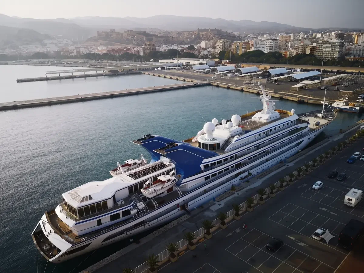 Large luxury yacht docked at a marina with cityscape and mountains in the background.