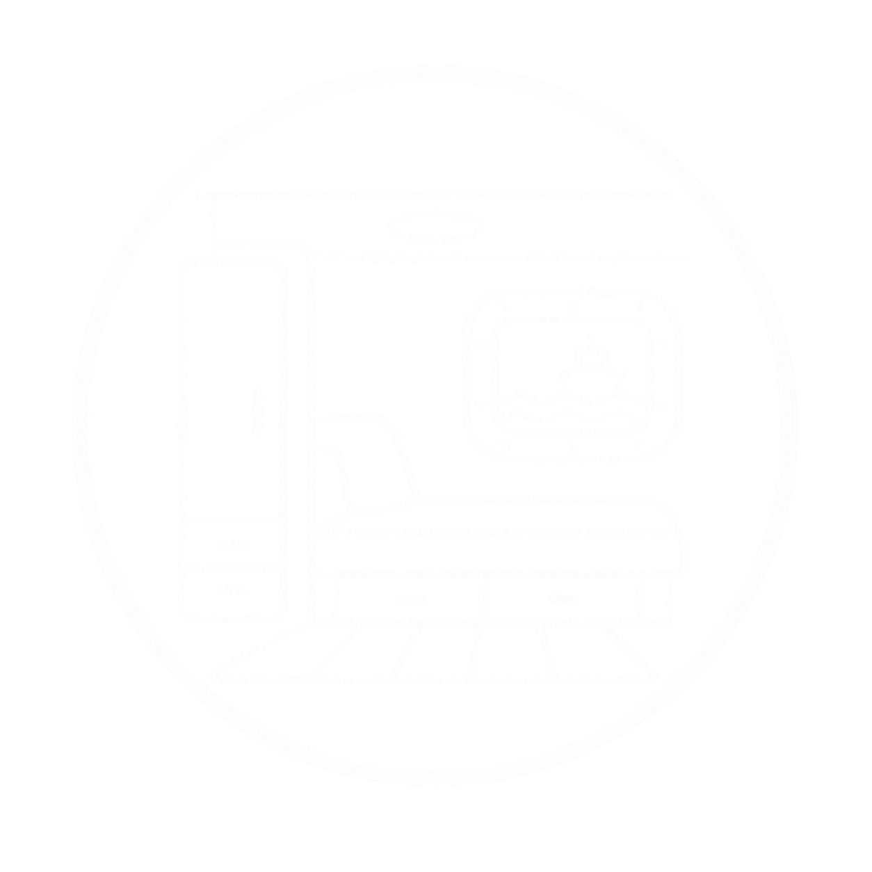 The image features a large circular logo with the Instagram icon, including a camera outline and a small circular lens, surrounded by a white background.