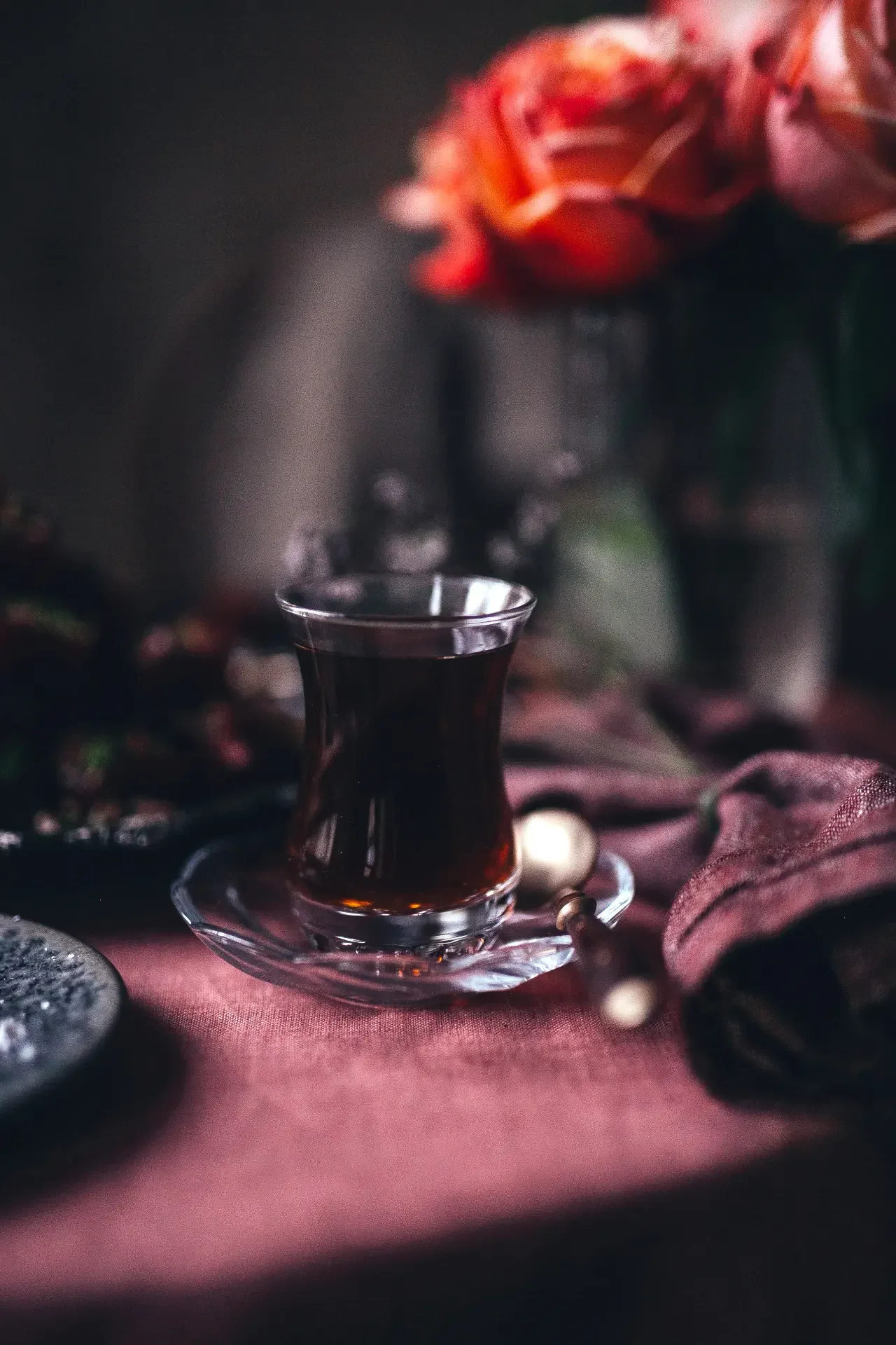 Turkish black tea served with rose and pistachio lokum