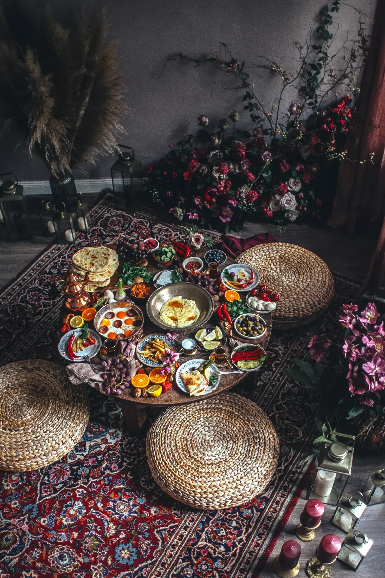 Traditional Turkish sofra table with shared mezze plates and artisan flatbread